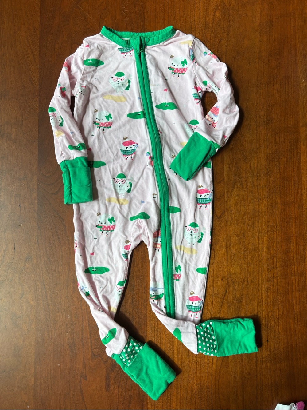 Angel Dear Pink One-Piece Footie with Bright Green Trim